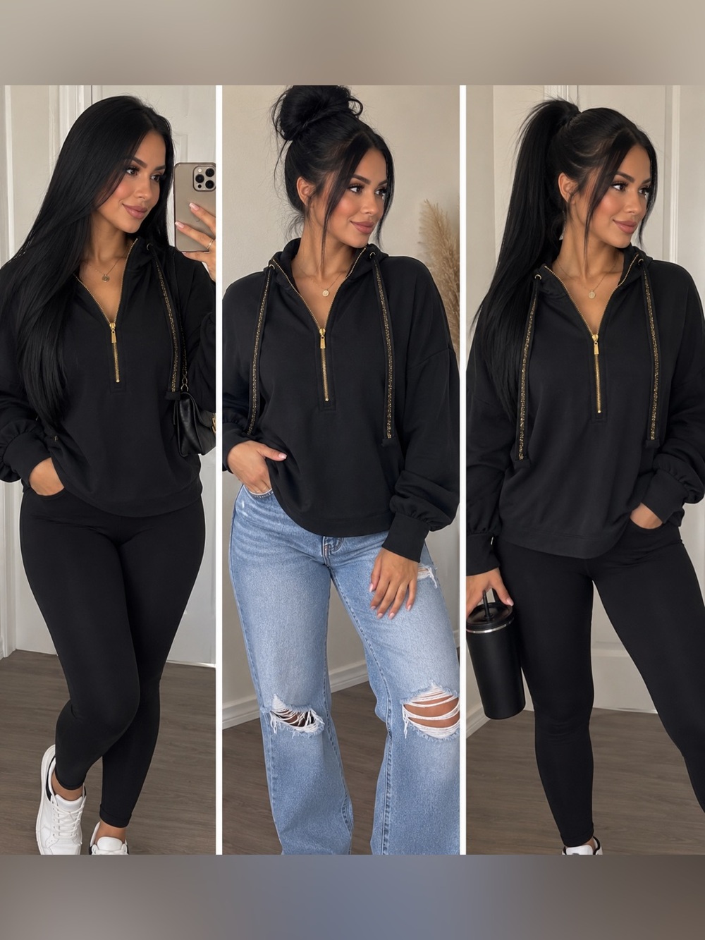 Super cute and casual Lilly Pulitzer black pullover hoodie with a gold half-zip